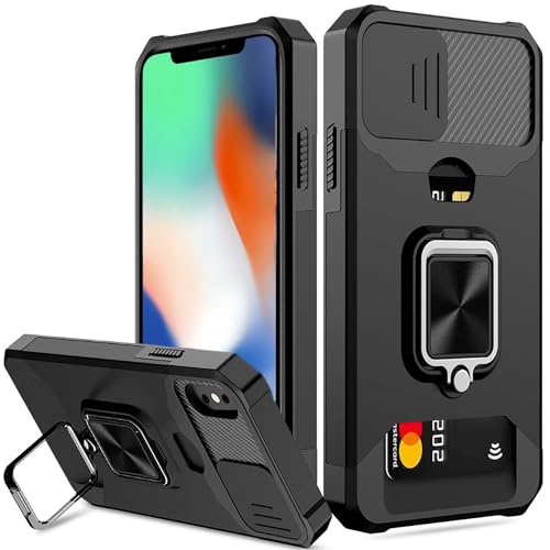 rojarou for iPhone X Case,iPhone Xs case with Card Holder,Slide Camera Cover and 360? Rotate Ring Kickstand Heavy Duty Protective Phone Case for Apple iPhone X Cover/iPhone Xs Cover-Black