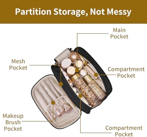 Ogetok Leather Makeup Bag for Women, Portable Travel Cosmetic Bags Zipper Make Up Pouch for Ladies Woman, Large Toiletry Organizer Bag for Toiletries Cosmetics Accessories, Black