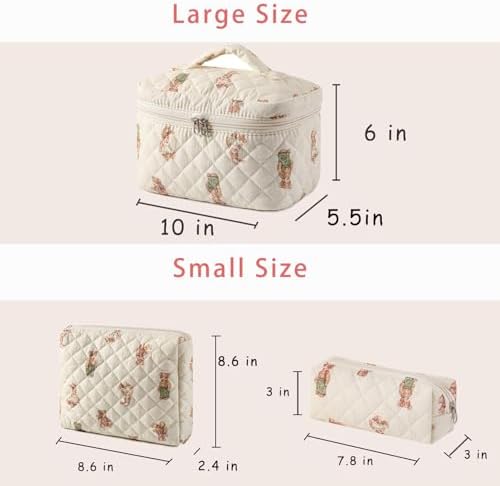 Makeup Bag, 3 Pieces Large Floral Quilted Makeup Bag Set for Women, Cotton Quilted Big Cosmetic Bag, Cute Makeup Bag Pouch Storage Bag, White Bear Pattern