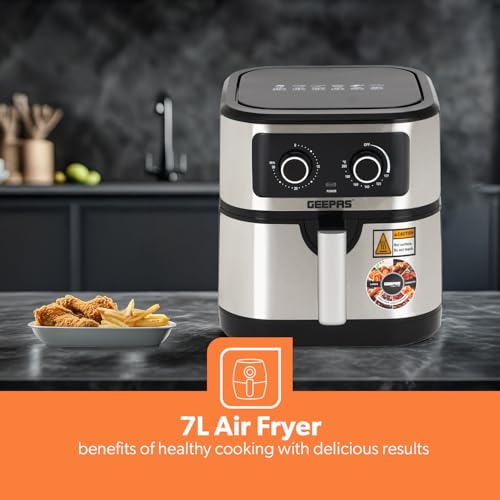 Geepas Vortex 7L Air Fryer GAF37506 - Convection Air Fryer with LED Touchscreen, 30 Minutes Timer & Non-Stick Basket - Oil Free, 2 Years Warranty, 1800W, Black