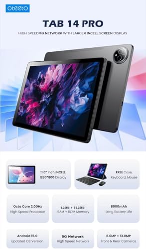 Oteeto TAB14 Pro | Android 15 & 11.0" INCELL 1280x800 Display | 12GB RAM + 512GB ROM | 5G Wi-Fi & 8000mAh Battery | Octa Core 2.0GHz | 8.0MP Front + 13.0MP Rear Camera | Include Keyboard & Mouse- Grey