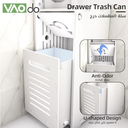 VAODO Bathroom Multi-Level Corner Cabinet, Standing Freestanding Bathroom Storage Cupboard,Bathroom Toilet Paper Holder, Organize Shelf, with Trash Can, Small（90cm Tall, Trash Can）