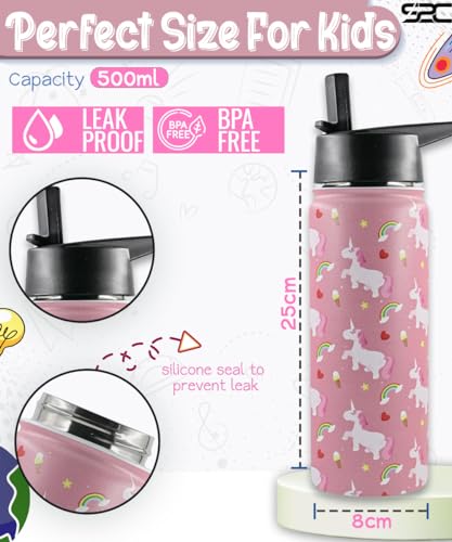 S2C Kids Water Bottle with Straw Lid – 550ml Stainless Steel, Double Wall Insulated, BPA-Free, Leak-Proof Bottle for School & Toddlers (PINK)