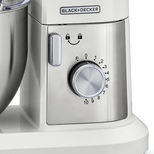 BLACK+DECKER Stand Mixer, 1000W, 6L Stainless Steel Bowl, 10 Speeds + Pulse, Planetary Action, Dough Hook, Beater, Whisk Attachments, Tilt Head, for Baking and Kneading, White - MKM100-B