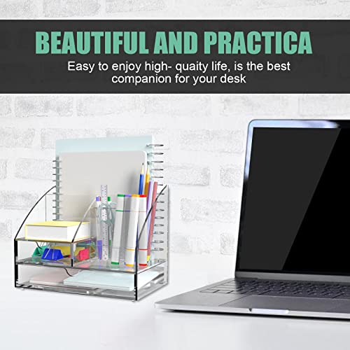 Banshou Upgraded Desk Organizer Office Accessories, Acrylic-Functional Desk Organizer with 5 Compartments and 2 Drawer for Home, Office, School, Workshop, kitchen (Clear)