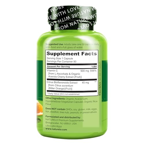 NATURELO Vitamin C with Organic Acerola Cherry Extract and Citrus Bioflavonoids - Vegan Supplement - Immune Support - 500 mg VIT C per Cap - Non-GMO - 90 Capsules