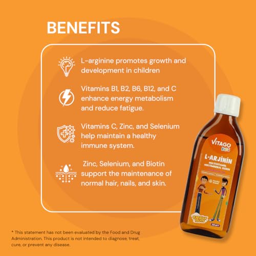 Vitago Kids L-Arginine Multivitamin Liquid for Boy, Orange Flavored - 150ml, Boosts Growth & Energy, Complete Nutrition