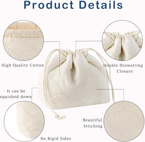 Quilted Cotton Makeup Pouch, Coquette Quilted Toiletry Bag for Women and Girls, Floral Coquette Organizer Bag, Aesthetic Travel Cosmetic Bags (White Shells Drawstring)