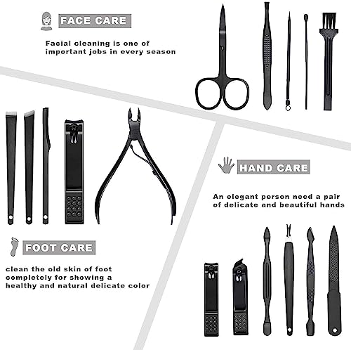 JW Professional Stainless Steel Pedicure & Manicure Set - 16 in 1 Travel Grooming Kit with PU Leather Folding Case - Includes Nail Clipper, Scissors, Cutter - Women & Men