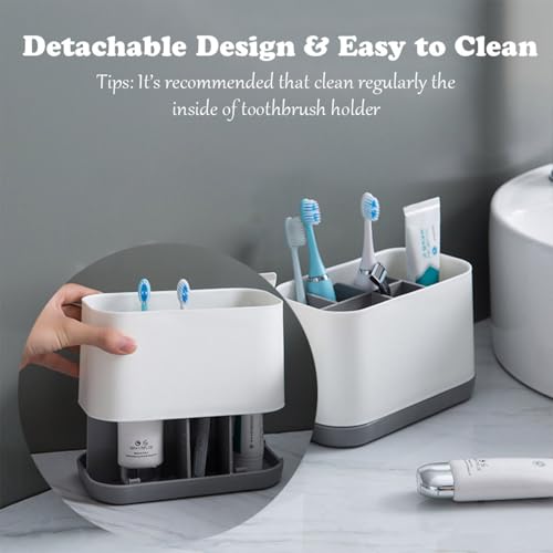 Qniceone Toothbrush Holder for Bathroom, 6 Slots Plastic Detachable Toothbrush and Toothpaste Organizer for Easy Cleaning Multi-Functional Storage Makeup Brush Razor Holder Countertop Organizer(Grey)