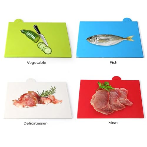 AMERTEER Cutting Boards for Kitchen | Extra Thick 4-Piece Color-Coded Plastic Cutting Board Set with Stand, Dishwasher Safe and Non-Slip Gripped Handle for Safe Food Preparation