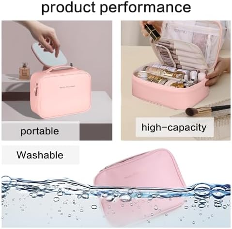 Large Makeup Bag, Portable Travel Makeup Bag for Women Girls, Makeup Organizer Cosmetic Bag with Makeup Brush Compartment, Waterproof Leather Makeup Travel Case With Handle and Divider - Black (Pink)