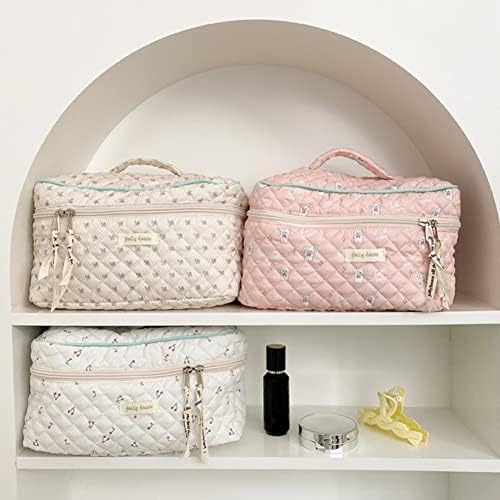 Juoxeepy Cotton Makeup Bag Large Travel Cosmetic Bag Quilted Cosmetic Pouch Coquette Aesthetic Floral Toiletry Bag, A-White, 10x5.9x5.3in
