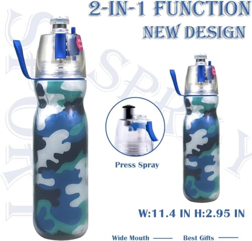 TERRIFI Insulated Sports Water Bottle - 20 OZ, Leak Proof, Spray Mist, Sip Kids Cool Misting Water Bottles for Gym, Cycling, Running, Climbing - Camo Blue