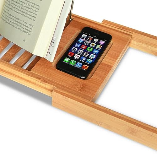 SKY-TOUCH Bathtub Tray Bamboo Bathtub Stand Holder Adjustable Bath Tray With Extendable Luxury Book Rest, Device Tablet, Kindle, Ipad, Smart Phone Tray For A Home Spa Experience, Yellow