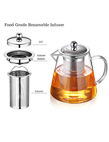 TMOST Glass Teapot with Infuser Tea Pot 32oz/43oz Tea Kettle Stovetop Safe Blooming and Loose Leaf Tea Maker Set (32oz/ 950ml)