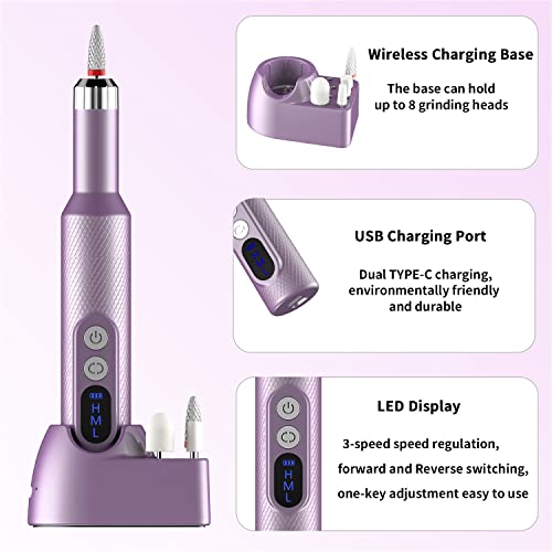 Ftrule Cordless Electric Nail Drill, Portable Professional Rechargeable Efile Nail File Machine with Nail Drill Bits, Sanding Bands for Acrylic Gel Nails, Manicure Pedicure Polishing, Purple