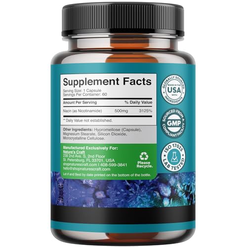 Vitamin B3 Nicotinamide 500mg Capsules - Mitochondrial Energy and Anti Aging Skin Supplement - AKA Vitamin B3 Niacin 500mg Flush Free and Niacinamide 500mg - Flush Free Niacin Supplement - 60 Count