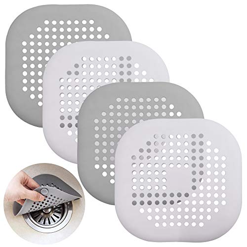 SENHAI 4 Pcs Silicone Drain Protector with Sucker, SENHAI Sink Strainer Shower Hair Catcher Bathtub Drain Cover for Kitchen Bathroom - White,Grey