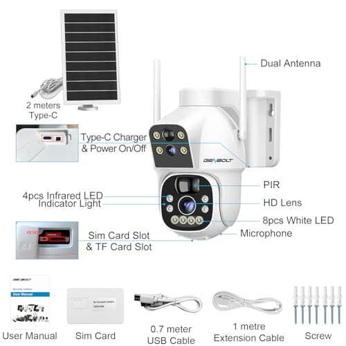 GENBOLT 3G/4G LTE Cellular Solar Security Camera Outdoor Wireless, 8W 15600mAh Battery Operated Surveillance Camera No WiFi, Dual Lens Spotlight IP Camera CCTV with SIM Card