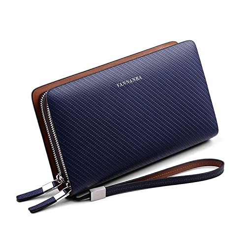 VANNANBA Men Clutch Wallet Large leather clutch bag Business Double Zip Handbag Blue Black