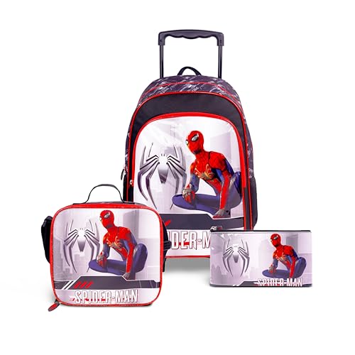TRUCARE Marvel Spider Man 18 Inch Kids 3-in-1 Trolley School Bag Set - Ergonomic Backpack, Insulated Lunch Bag & Pencil Case,Lightweight, Durable, Students 6+ - Perfect for Travel & School,For Boys