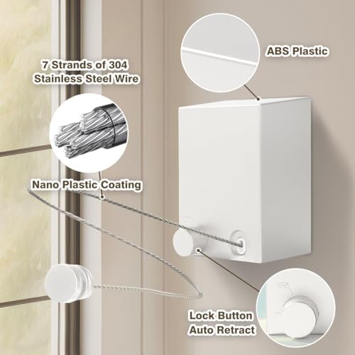 Azonee Retractable Clothesline Indoor, Clothes Line Retracting Outdoors, Heavy Duty Stainless Steel Clothes Drying Laundry Line, Wall Mounted Clothes Line Outdoors Set, for Balconies, Courtyards, RVs