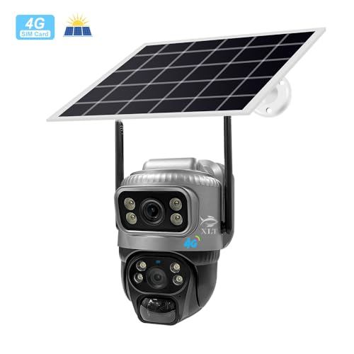 XLT 4G Sim Card Solar Camera PTZ 360°View Solar Powered Outdoor Security Camera with Dual Lens Night Vision, AI Human Detection, Two Way Audio, IP66 Works with Apps - 3MP