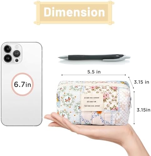 Sminra Floral Makeup Bag Large Cotton Quilted Cosmetic Makeup Bag Organizer, Aesthetic Portable Pouch Purse Toiletry Bag for Women Girls Travel accessories(Blue Floral-L)