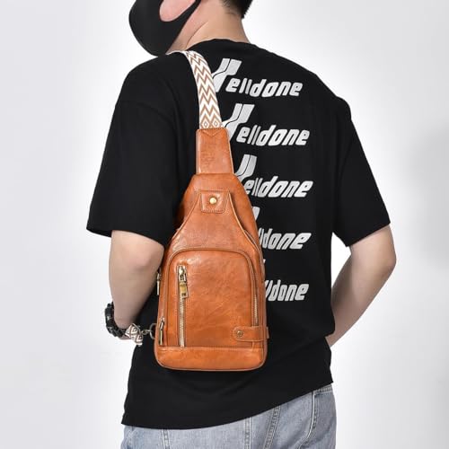 Small Sling Bag, Leather Chest Bag with Adjustable Strap, Lightweight Crossbody Backpack for Men and Women, Anti-theft PU Leather Shoulder Bag for Sports, Outdoor, Travel, Vintage Design (Brown)