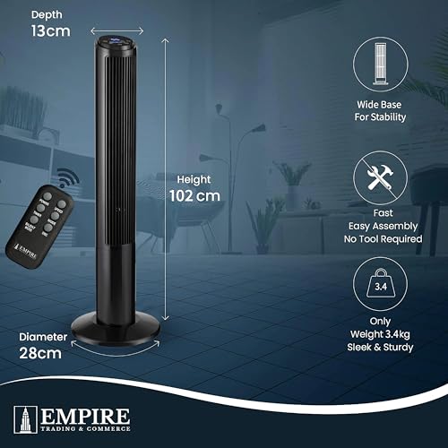 Empire 41inch Tower Fan with LED Display, Remote Control Fan for Bedroom with Timer Function, 50W Cooling Fan with 3 Speeds, Perfect 75° Oscillating Fan for Home, Living Room & Office (Black)