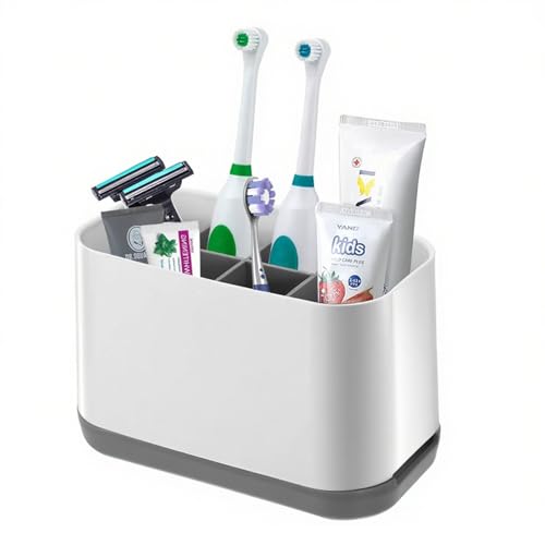 Qniceone Toothbrush Holder for Bathroom, 6 Slots Plastic Detachable Toothbrush and Toothpaste Organizer for Easy Cleaning Multi-Functional Storage Makeup Brush Razor Holder Countertop Organizer(Grey)