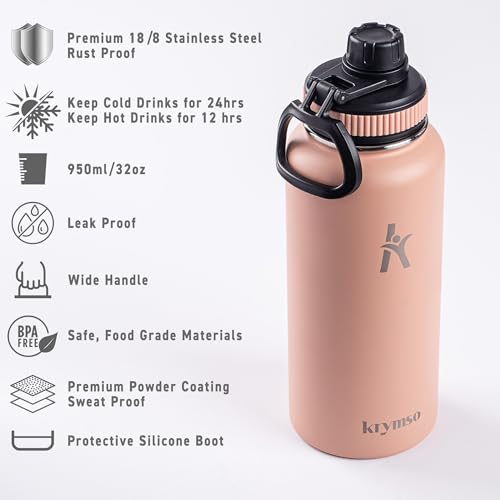 KRYMSO, 950ml Stainless Steel Water Bottle, Sports bottle with Straw, Spout Lid, Protective Boot, Insulated Water Bottle, Thermos Flask, Hot Water bottle for kids (Peach Pink, 950ml / 32oz)
