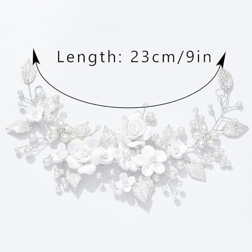 Tazweeq Flower Bride Wedding Hair Vine Pearl Bridal Hair Piece Leaf Hair Accessories Hair Piece for Women and Girls,Flower Pearl Hair Accessories for Birthday Party (9inches,Silver)