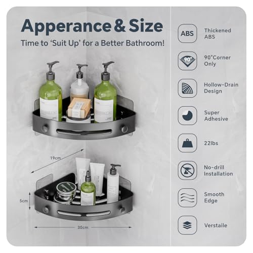 Baytion Bathroom Shelf, 2 Pack Bathroom Organizers and Storage, Thickened ABS Plastic Bathroom Organizer Corner with Super Adhesives, No Drilling, Multifunctional Corner Shower Caddy (Black)