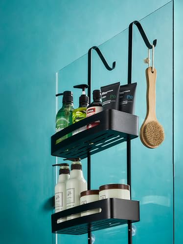U-HOOME Shower Caddy Over The Door Hanging Shower Organizer Shelf Basket Storage Rack with Suction Cup,Bathroom Shelves Basket Rack Drill Free Pantry Organizer Rack (Black)