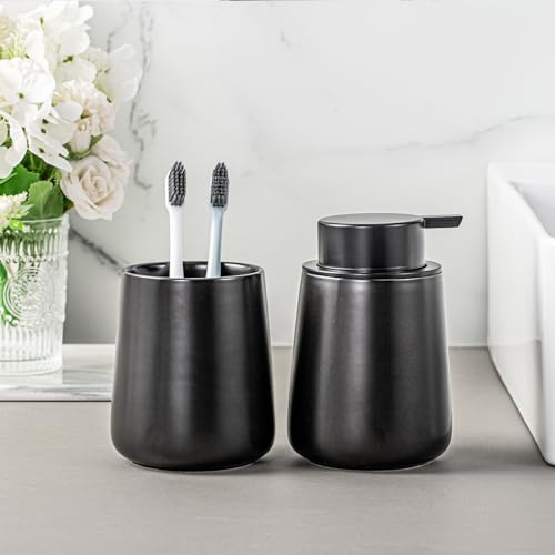 AZMOYAC Ceramic Bathroom Accessory Set 2 Pcs, Toothbrush Holder Set, Foaming Hand Soap Dispenser, Modern Home Aesthetic Bathroom Decor, Bathroom Organizer for Modern Bathrooms, Matte Black