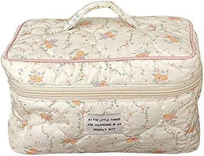 Juoxeepy Cotton Makeup Bag Large Travel Cosmetic Bag Quilted Cosmetic Pouch Coquette Aesthetic Floral Toiletry Bag, A-White, 10x5.9x5.3in