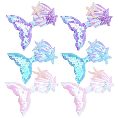 LAROKO Hair Clips for Girls, Aurora Sequins Mermaid Fish Tail Hairpin Starfish Sequin Hair Accessories, Multicolor Sparkling Hair Barrettes for Little Girls Toddlers Kids and Teens 6 Pcs