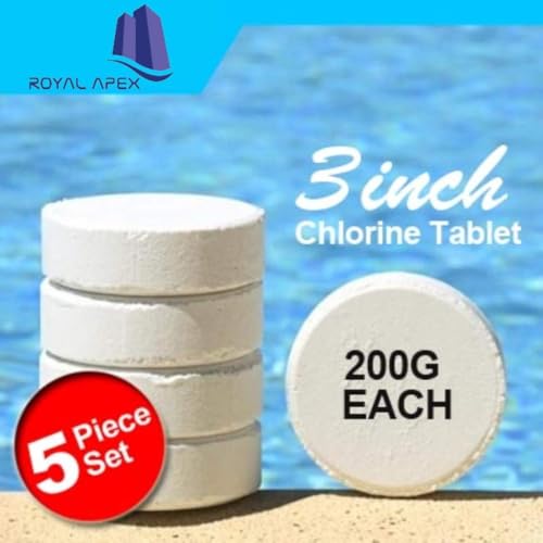 Royal Apex Slow-dissolving Chlorine Tablets 1KG, Pool and Spa Water Bacteria, Algae Disinfection Treatment with Sunlight/UV Protection, TCCA 3" 200g x 5 pcs, Made in EU (1 Tin (5 Tablet))