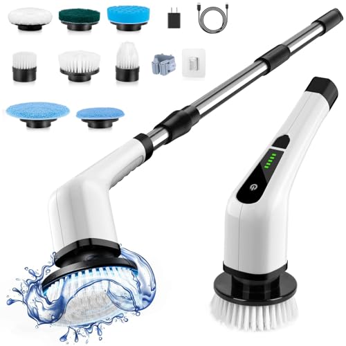 Bomves Cordless Electric Spin Scrubber, Electric Cleaning Brush with 8 Replacement Brush Heads, 90Mins Working Time, 3 Adjustable Handle, 2 Adjustable Speeds for Bathroom Kitchen Bathtub Glass Car