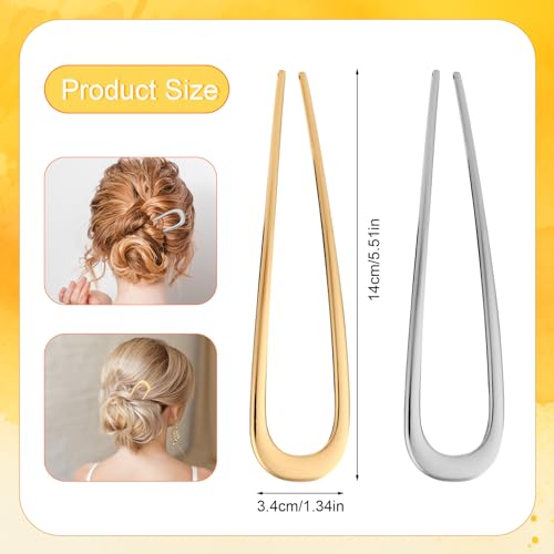 PEUTIER 2pcs Metal French Hair Pins for Thick Hair, U-Shaped Stick Hair Pins Metal French Twist Hair Pin Fork for Women Girls Hair Types Styling Hair Accessories (1 Gold & 1 Silver)
