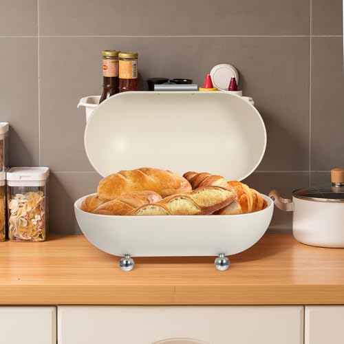 Angoily White Metal Bread Box with Lid Kitchen Bread Countertop Storage Container Large BreadBox for Vintage Organizer Rolling Door Decor Stores Your Homemade-Bread