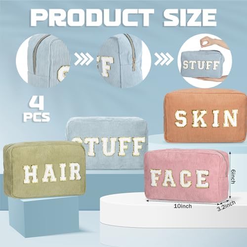 Pinkunn 4 Pcs Preppy Makeup Bags Christmas Chenille Letter Bag Face Skin Hair Stuff Cosmetic Bag Corduroy Makeup Pouch with Zipper Birthday Gifts for Women(Purple, Pink, White, Blue,Corduroy)