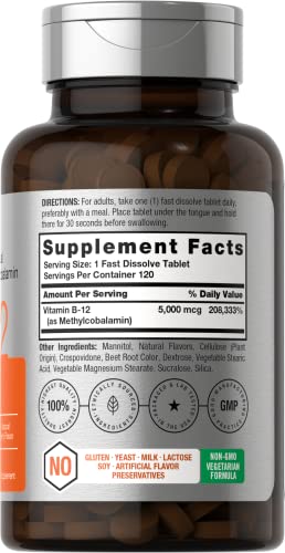 HorbÃ¤ach B12 Sublingual Methylcobalamin | 5000mcg | 120 Fast Dissolve Tablets | Vegetarian, Non-GMO and Gluten Free Supplement | by Horbaach