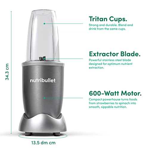 NutriBullet 600 Watts, 3pc Accessories, Multi-Function High Speed Blender, Mixer System With Nutrient Extractor, Smoothie Maker, Grey, NBR-0612,1 year limited warranty