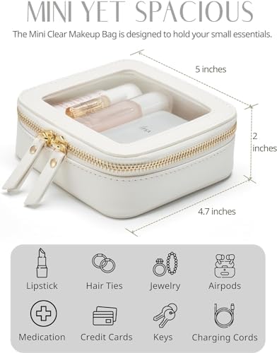 Small Cosmetic Bag for Purse Mini Makeup Bag for School Cute Clear Make Up Pouch for Travel Tiny Leather White Make Up Organizer Case for Backpack Toiletry Bag Waterproof Square Pouch with Zipper