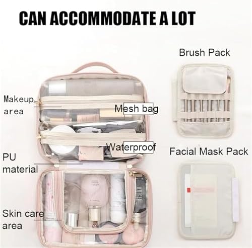 Multi-Compartment Toiletry Cosmetics Bag, Travel Makeup Bag, Toiletry Cosmetics Bag, PU Leather Portable Large Toiletry Bag with Compartments, Portable Cosmetic Travel Bag (Pink)