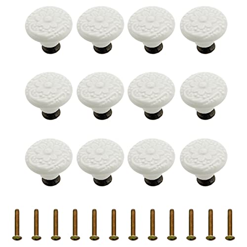 Unlorspy 12 Pcs Ceramic Knobs, 34mm/1.33 Inch Diameter Floral Ceramic Cabinet Knobs Decorative Knobs Round Dresser Knobs Drawer Pulls Handles Single Knobs with Screws for Furniture Cabinet (White)