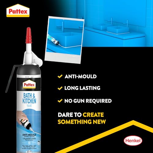 Pattex Sanitary Antimould White Pressure Pack, For Indoor Sealing, Ideal For Bathroom & Kitchen, Waterproof And Mould Resistant. Easy To Use Sealant,White, 1X200ml Pressure Pack,2751638
